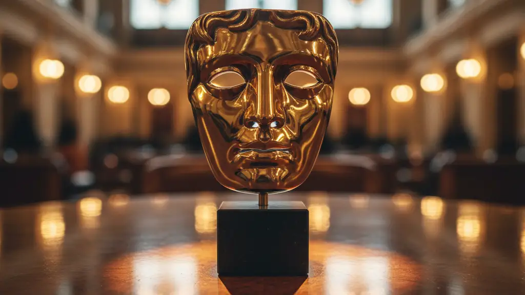 Golden BAFTA mask award resting on a polished wooden surface with blurred lights in background.