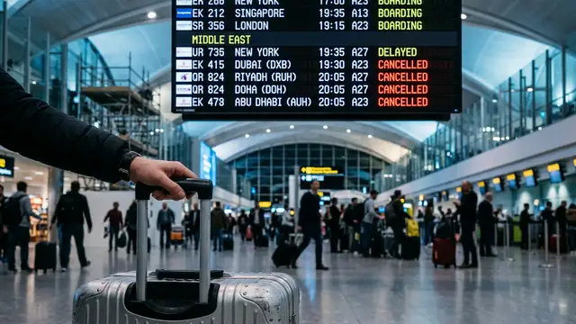 An airport departure board showing multiple cancelled flights with a blurred suitcase in the foreground.