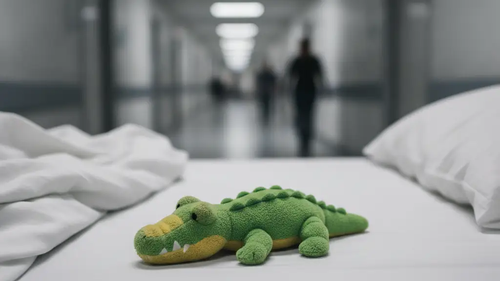 A small, plush crocodile toy lies on an empty, white hospital bed.