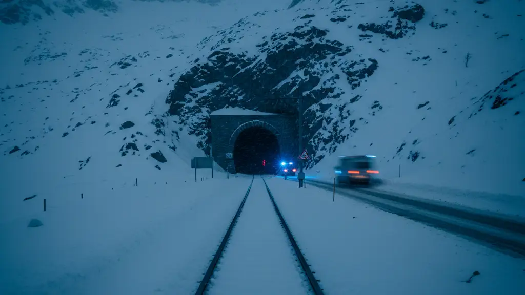 Snow-covered train tracks in the Swiss Alps with emergency lights reflecting in the distance.