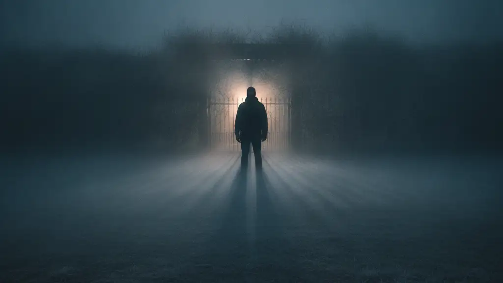A silhouetted figure in a balaclava stands in mist near a blurred gate.
