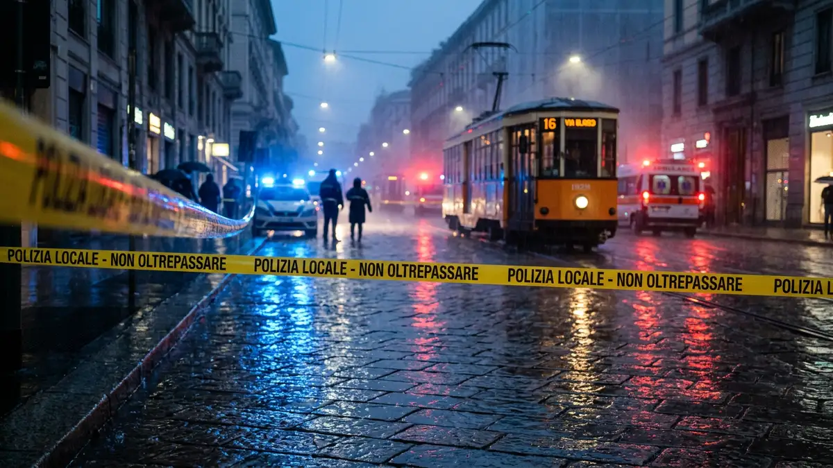 Emergency vehicle lights reflecting on wet Milanese cobblestones behind yellow police cordon tape at night.