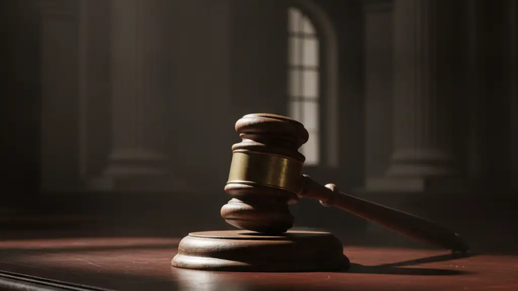A heavy wooden gavel rests on a dark, polished mahogany desk.