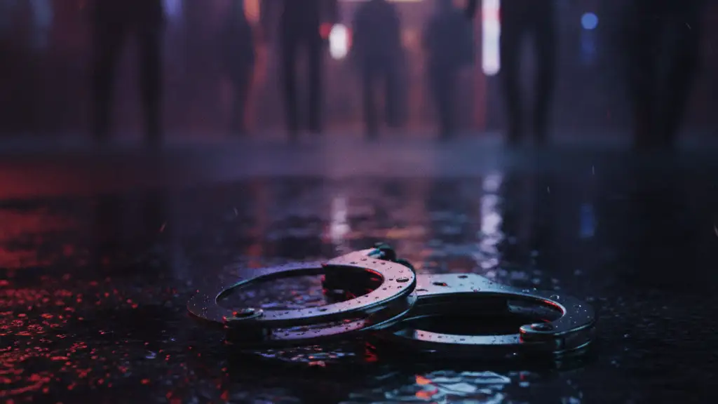 Handcuffs reflecting emergency lights in a street puddle outside a nightclub.