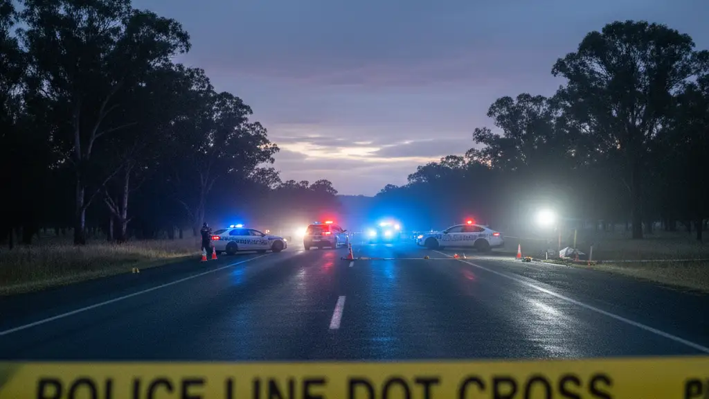 Yellow police tape in the foreground with blurred emergency vehicle lights in the background.