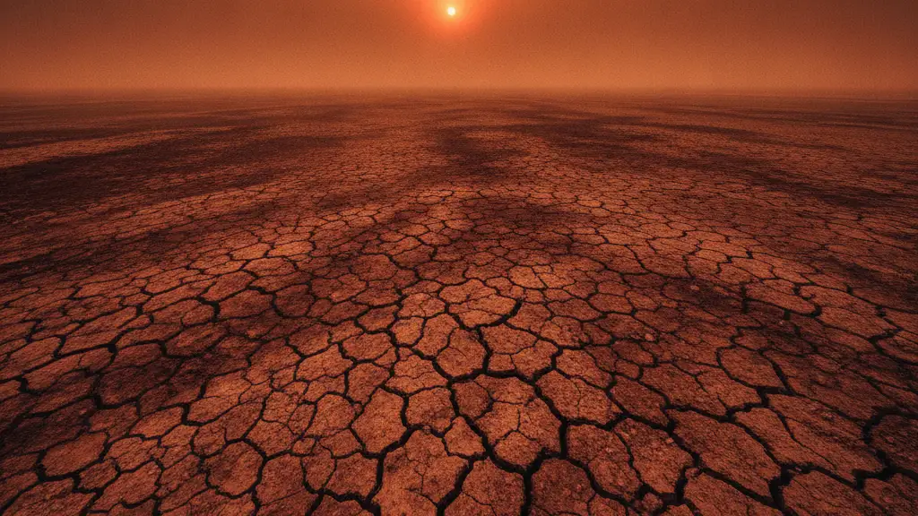 Cracked, dry earth under a hazy orange sky, symbolizing extreme heat.