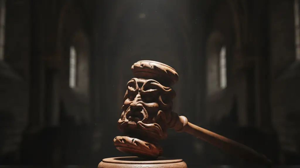 A heavy wooden gavel on a dark, polished desk, blurred stone walls behind.
