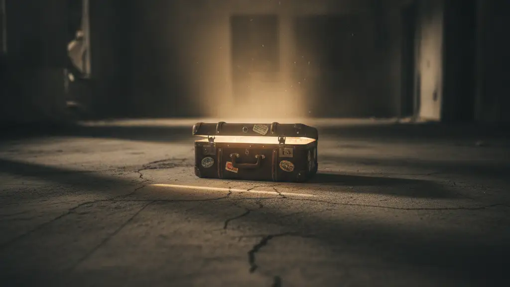 A weathered, slightly ajar suitcase on a dusty floor in a derelict building.