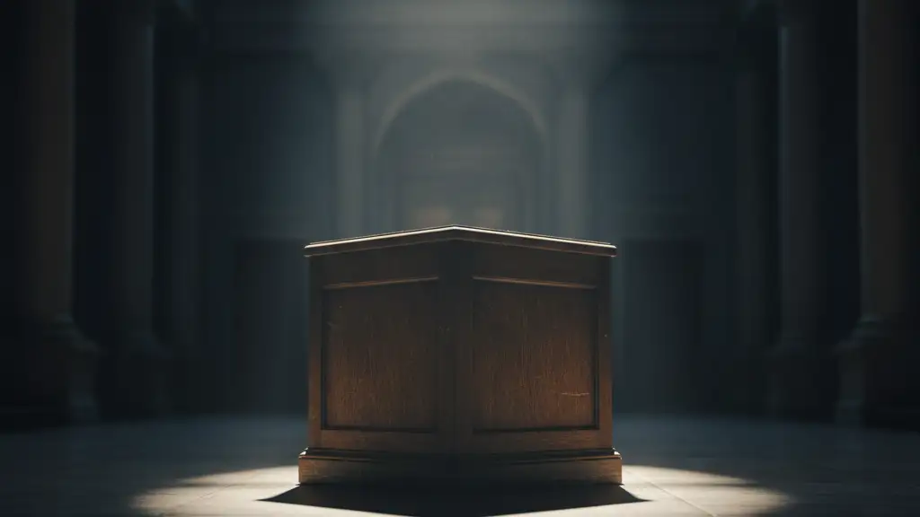 A lone, heavy wooden ballot box casting a long shadow in a grand hall.