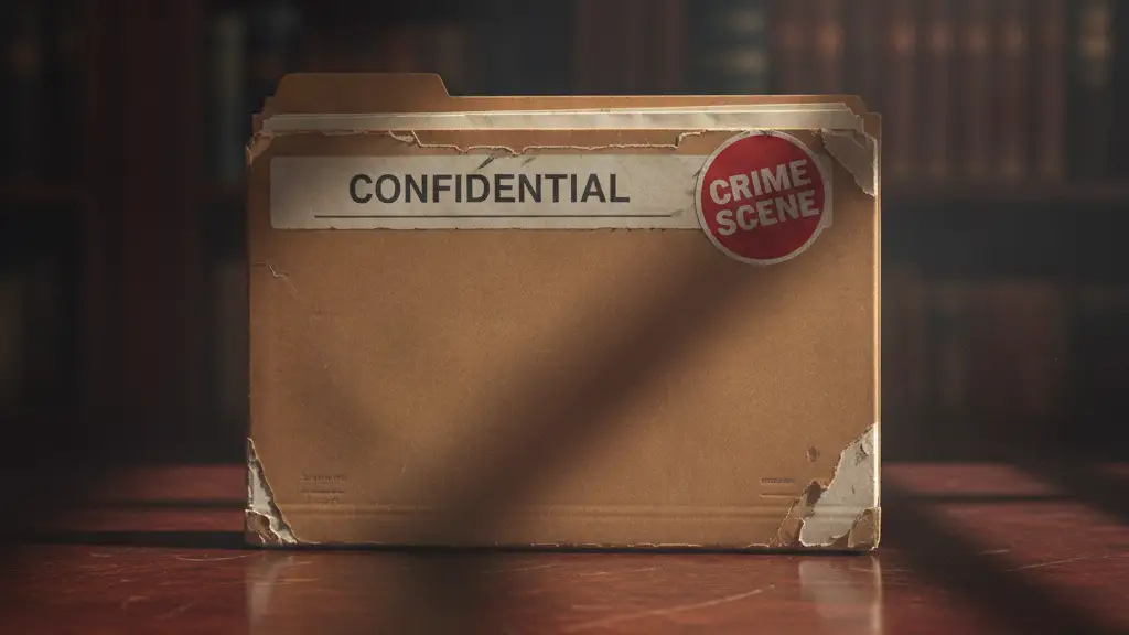 Confidential crime scene file on a dark desk, dramatically lit.