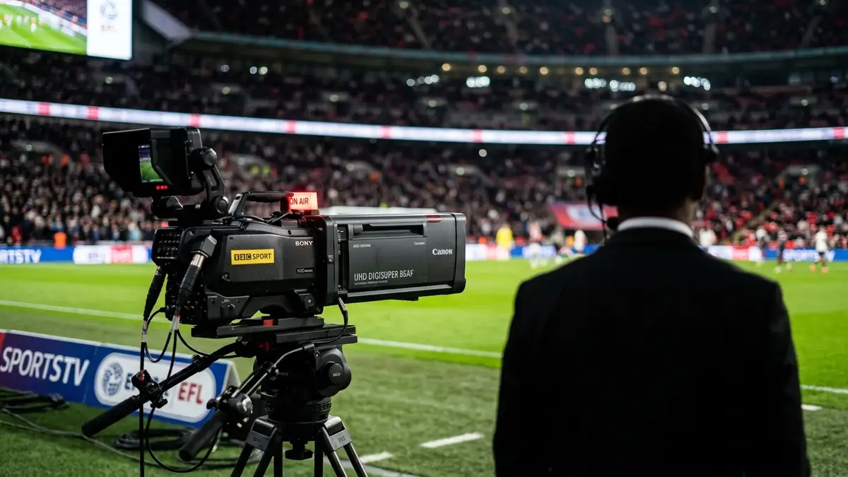 A professional broadcast camera on a stadium sideline with a blurred figure in a suit.