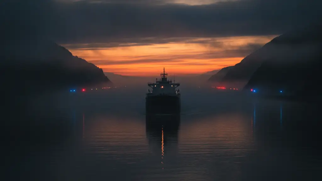 Silhouetted cargo ship in a misty strait at dusk, distant emergency lights.
