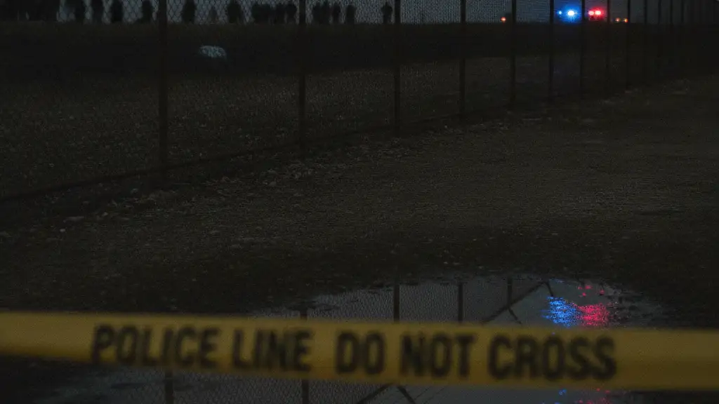 Silhouettes near a border fence at dusk, emergency lights reflecting in a puddle.