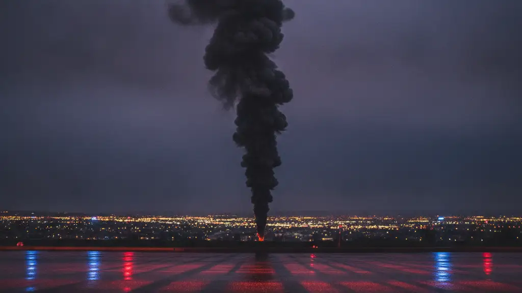Thick smoke plume against twilight sky with subtle emergency light reflections.