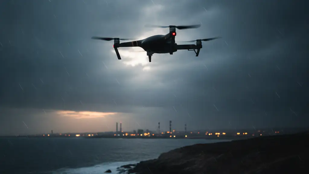 A sleek, dark drone silhouetted against a dramatic, stormy dusk sky.