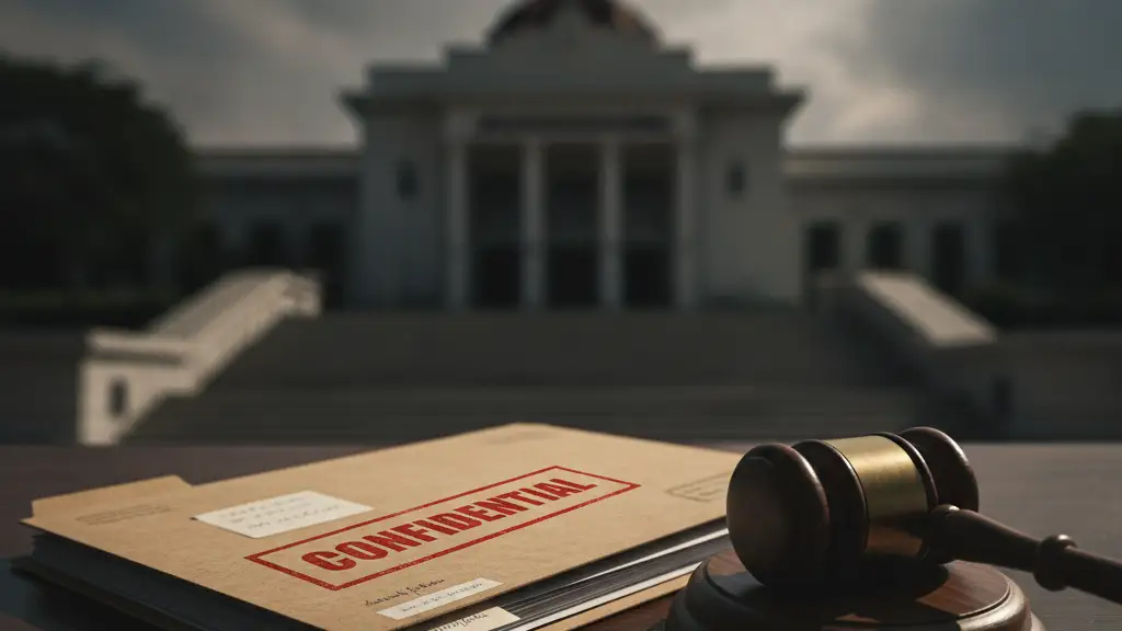 Confidential file and gavel on a desk, with a blurred courthouse in the background.