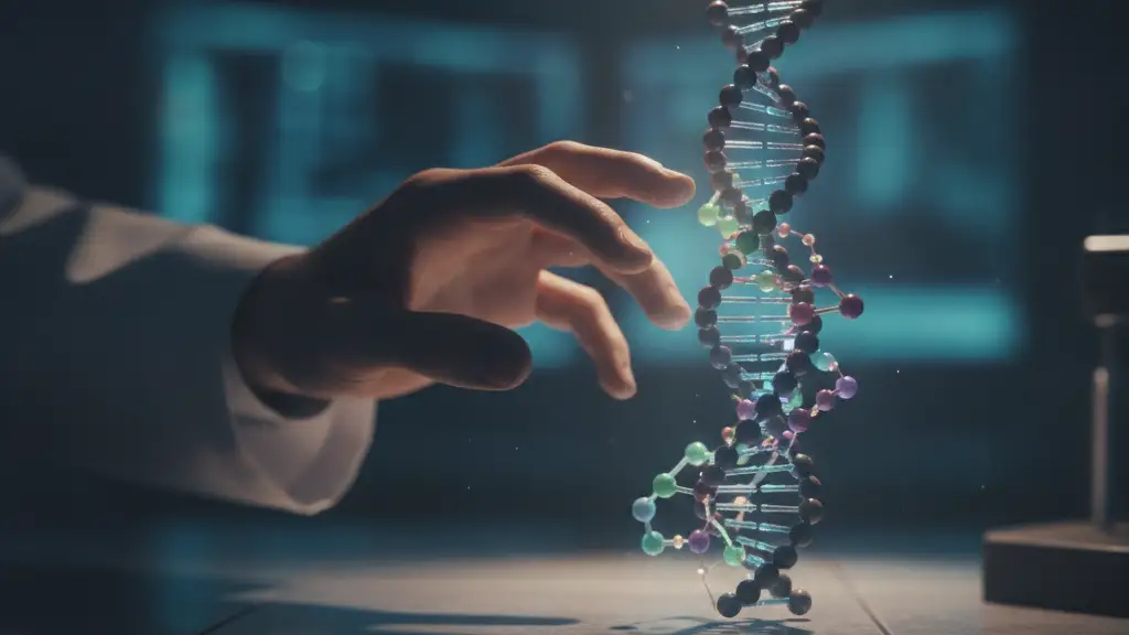 Abstract image of a hand reaching towards a glowing molecular model in a lab.