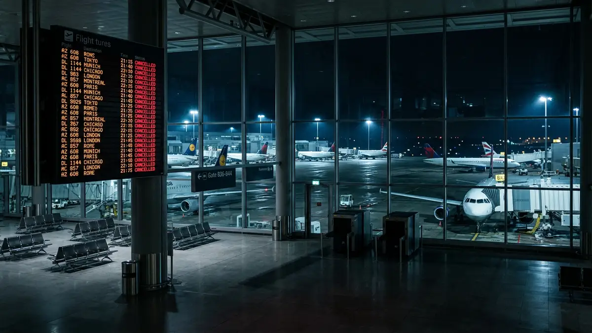 An empty airport terminal at night with a departure board showing multiple cancelled flights.