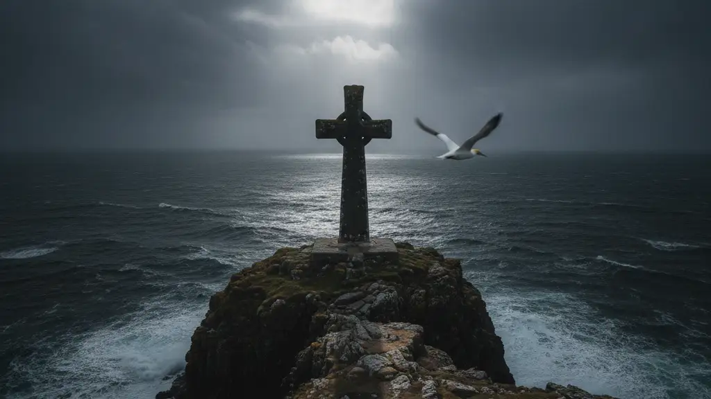 Ancient stone cross on a remote, stormy island with a blurred gannet flying past.