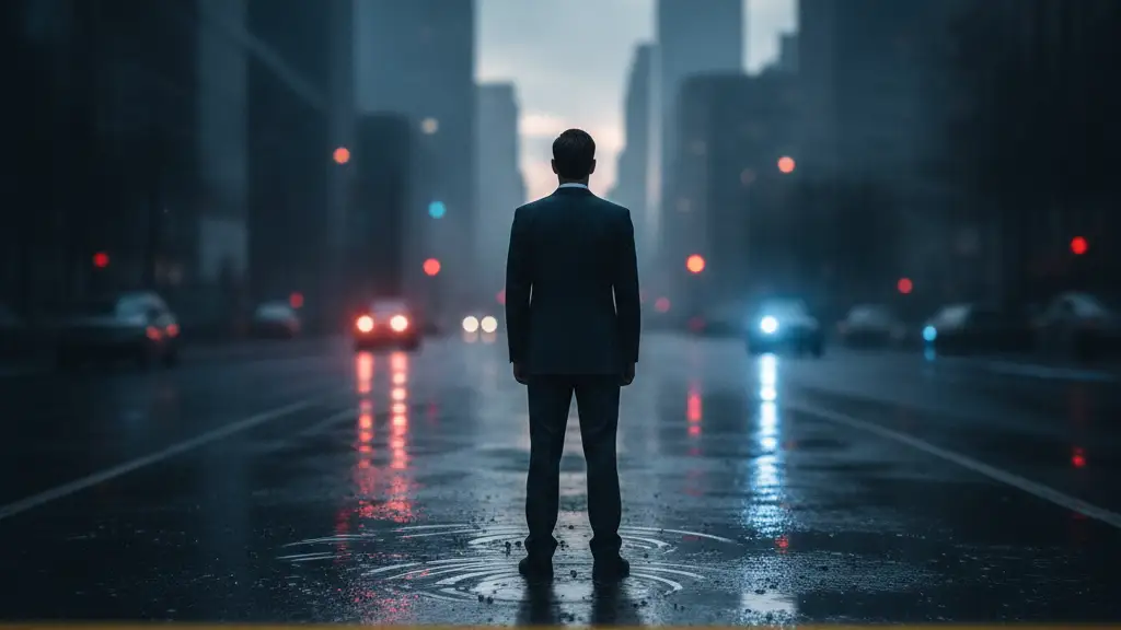 Silhouetted figure on a wet city street at dawn, emergency lights reflecting.