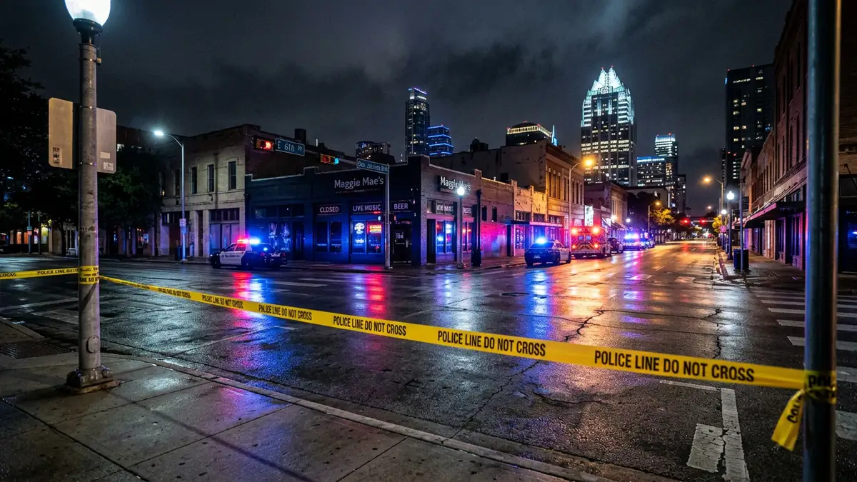 Police tape and emergency lights reflecting on a wet street in Austin at night.