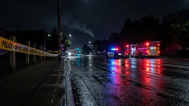 Emergency lights reflecting on wet pavement at night, distant smoke, police tape.