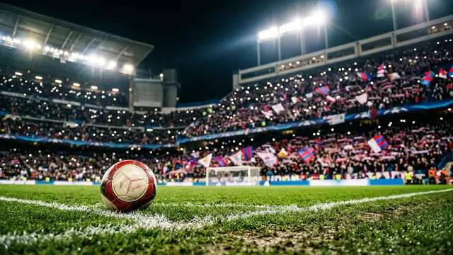 A football on a stadium pitch at night under bright lights with a blurred crowd.