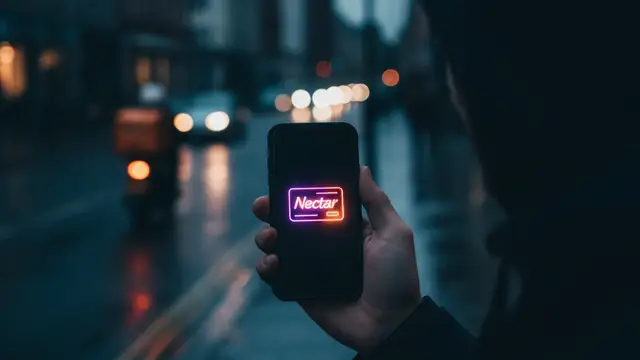 Smartphone displaying Nectar loyalty card icon, blurred urban street background.