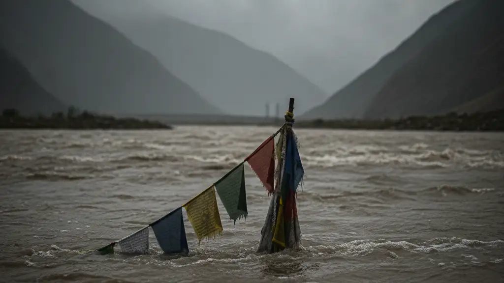 A tattered prayer flag partially submerged in murky floodwaters.