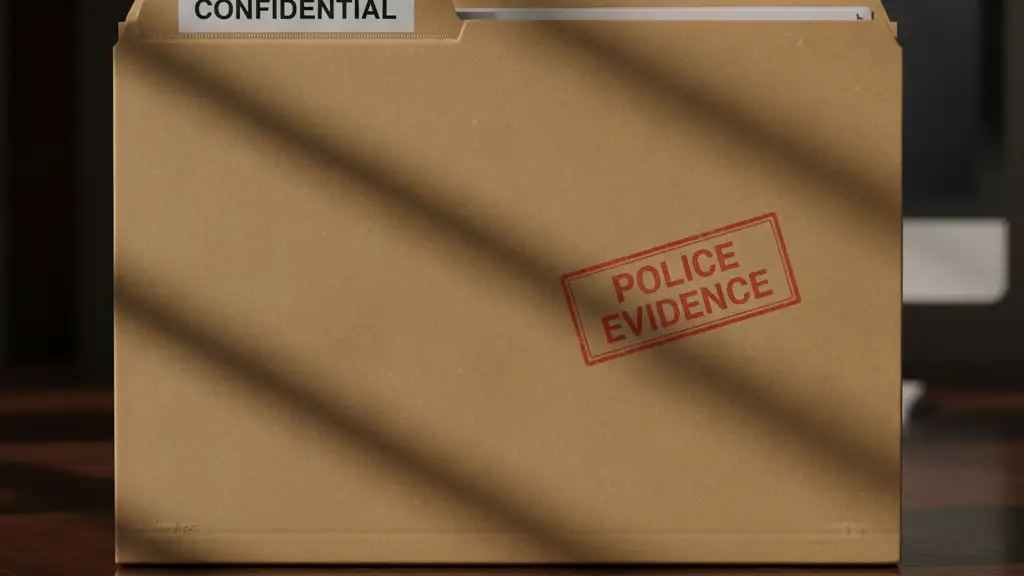 Confidential police evidence folder on a desk, with a blurred computer screen.