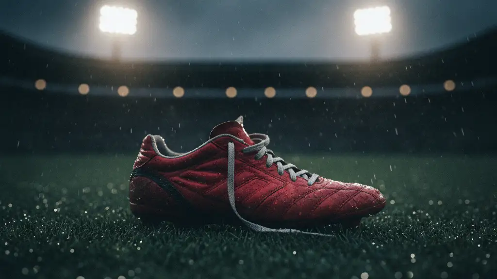 A single red football boot on a wet, green football pitch under stadium lights.