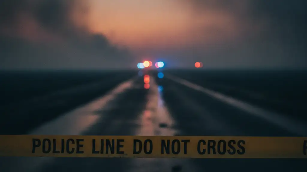 Police tape in foreground, blurred emergency lights reflecting on wet road in smoky distance.