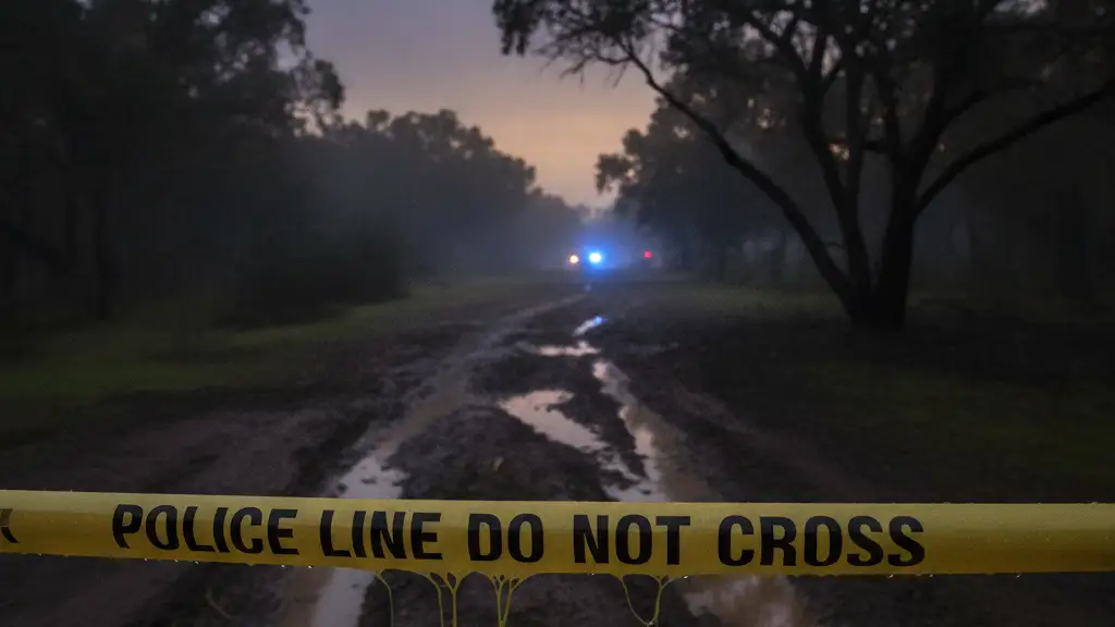 Police tape in foreground, blurred emergency lights reflecting in a puddle in bushland.