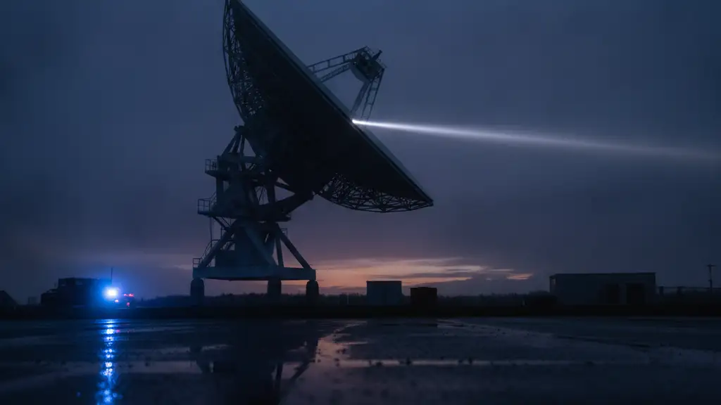 A massive radio telescope dish silhouetted against a dramatic twilight sky.