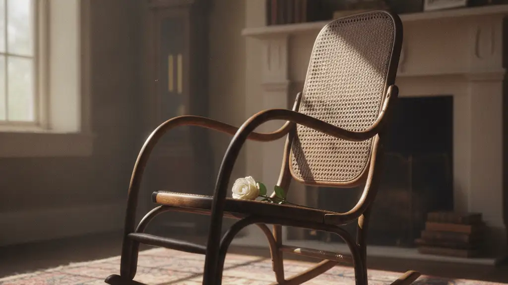 An empty antique rocking chair with a single white rose on its seat.