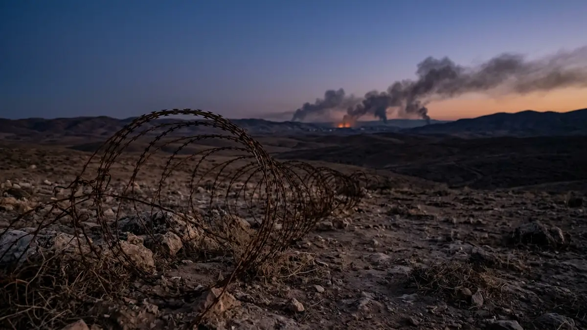 A coil of barbed wire in a desert landscape with smoke rising on the horizon.