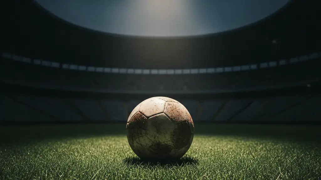A lone football on a stadium pitch under a spotlight, empty seats blurred.