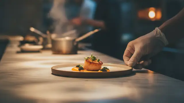 A chef's hand carefully plating a gourmet dish in a high-stakes kitchen.