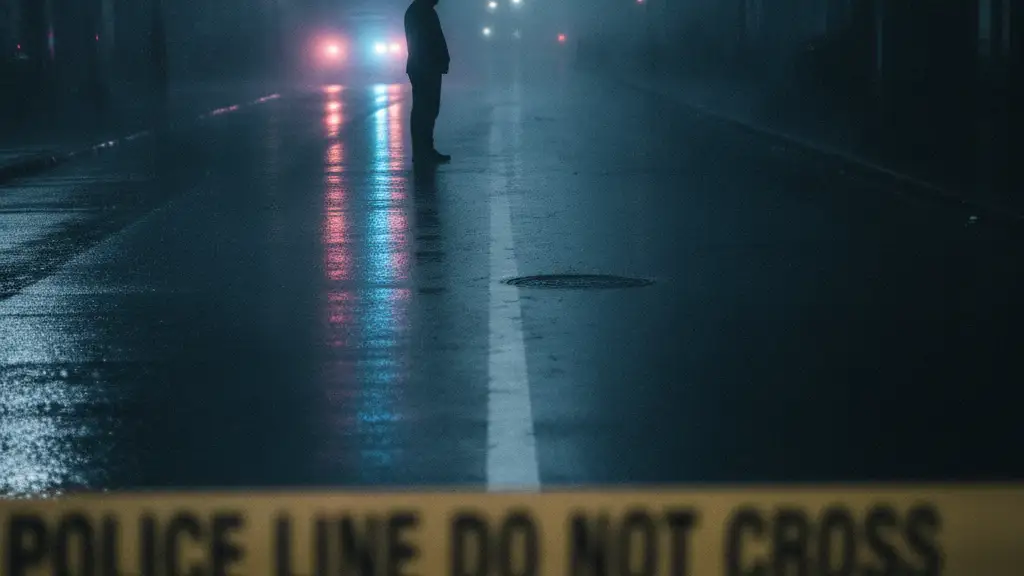 Silhouetted figure in distance, blurred emergency lights reflecting on wet street, police tape.