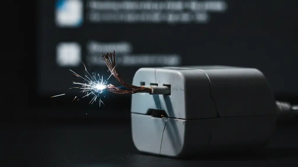 Close-up of a faulty travel adaptor with frayed wires and a dangerous spark.