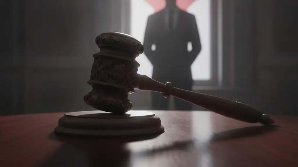 Heavy wooden gavel on a desk, blurred silhouette and Canadian flag reflection in background.