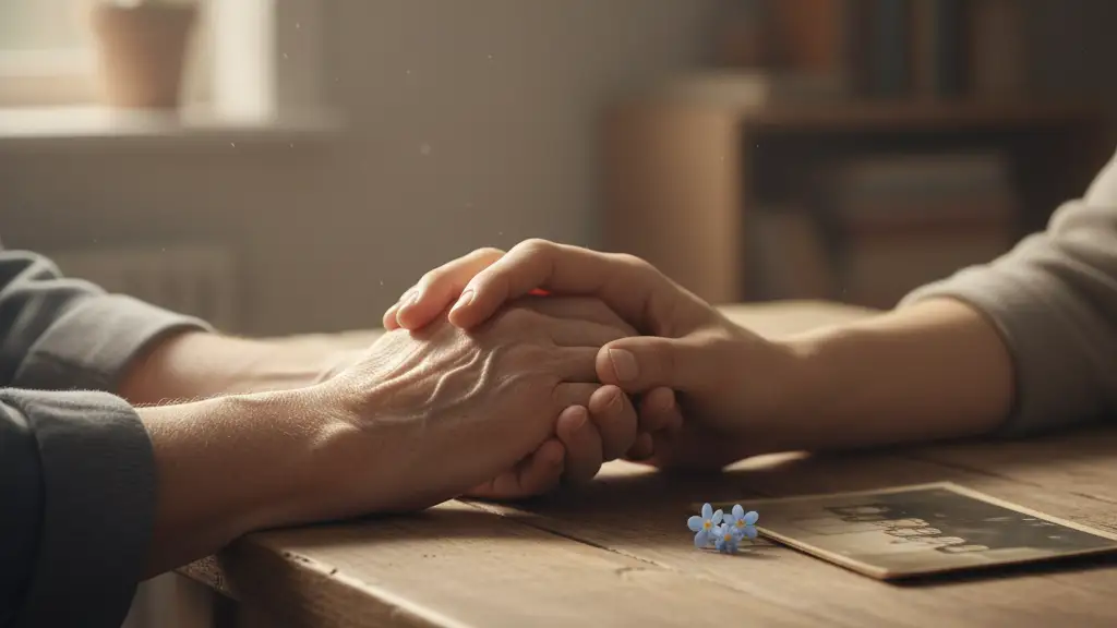 A younger hand gently holding an older hand on a wooden table next to a flower.