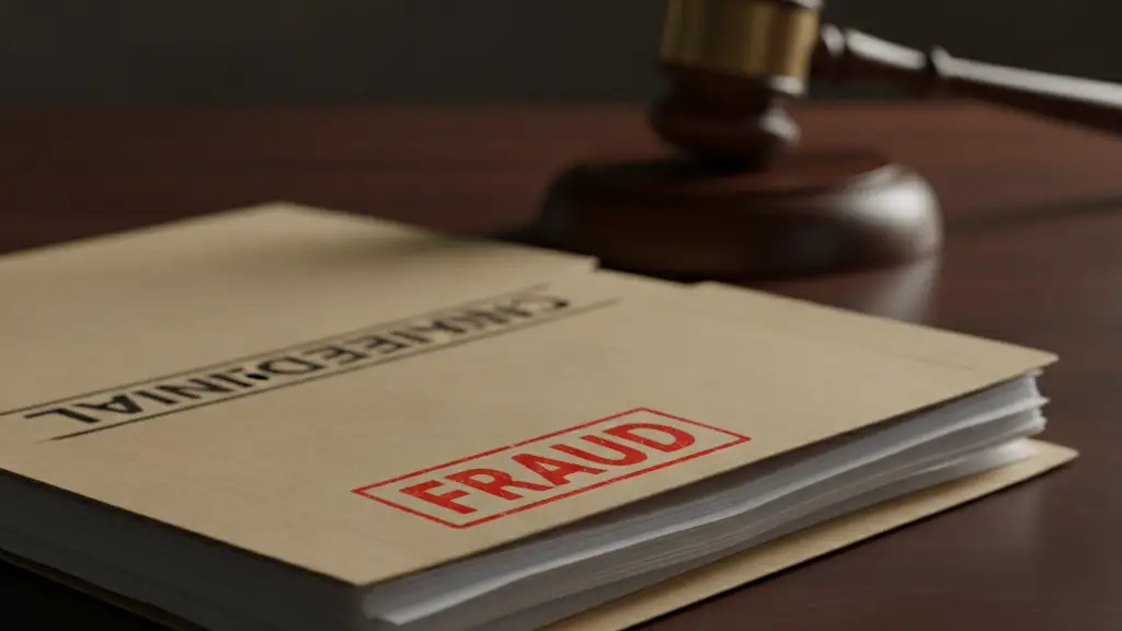 Confidential file folder with 'FRAUD' stamp on a desk, gavel in background.