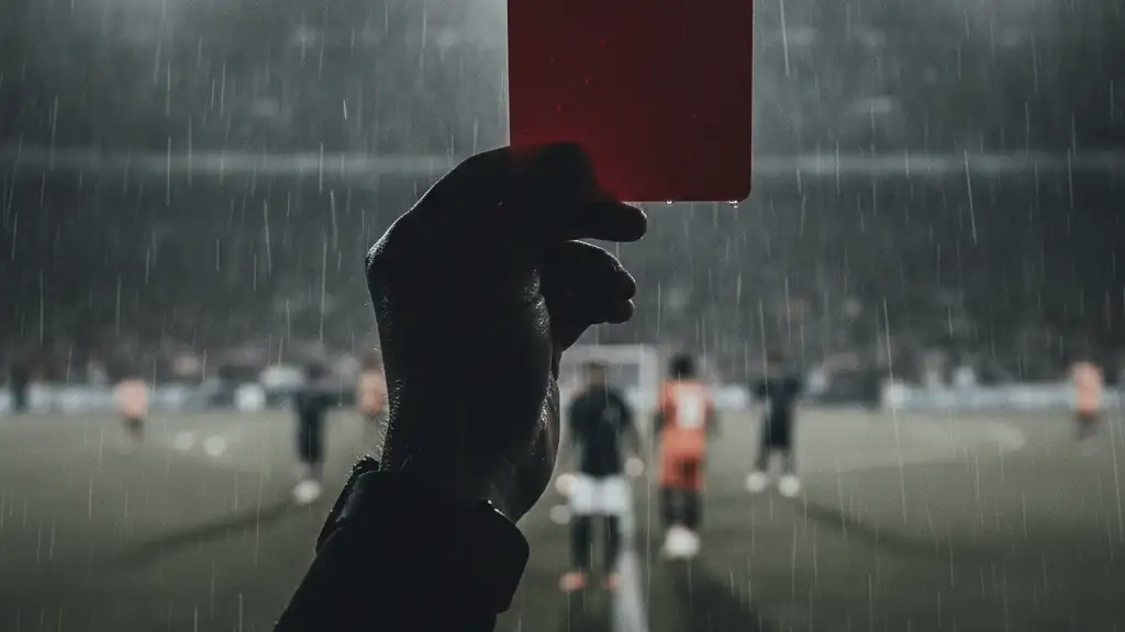 Referee's hand holding a red card against a blurred, chaotic football pitch.