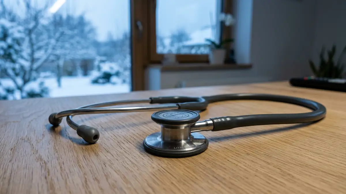 A medical stethoscope resting on a wooden surface in soft, cool morning light.