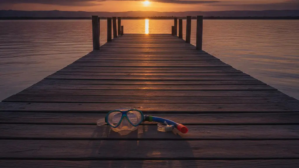 Empty snorkel and mask on a wooden dock overlooking Lake Malawi at sunset.