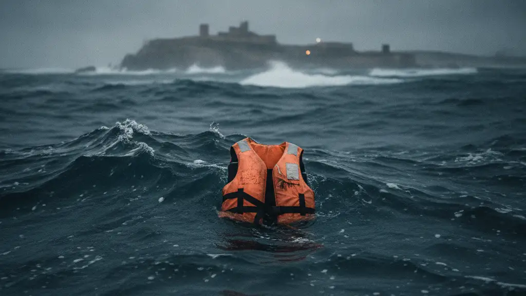 A lone, weathered life vest floats in dark, turbulent ocean water near a distant coastline.