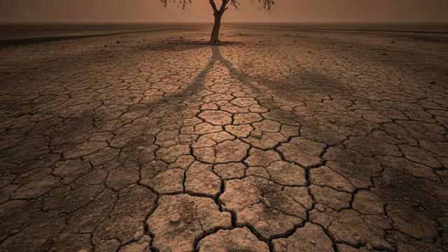 Parched, cracked earth under a hazy sun with a distant, wilting tree.