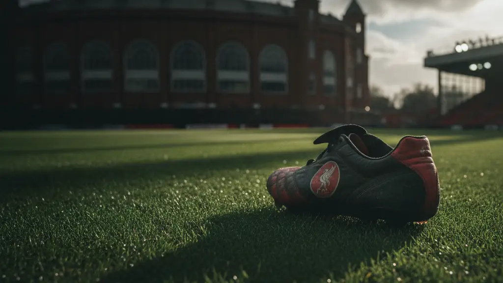 A close-up of a football boot on stadium grass, with a blurred stadium in the background.
