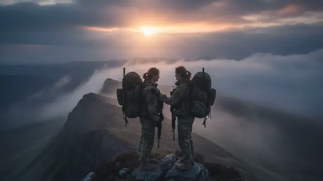 Two female silhouettes in military gear stand together on a misty mountain ridge at dawn.